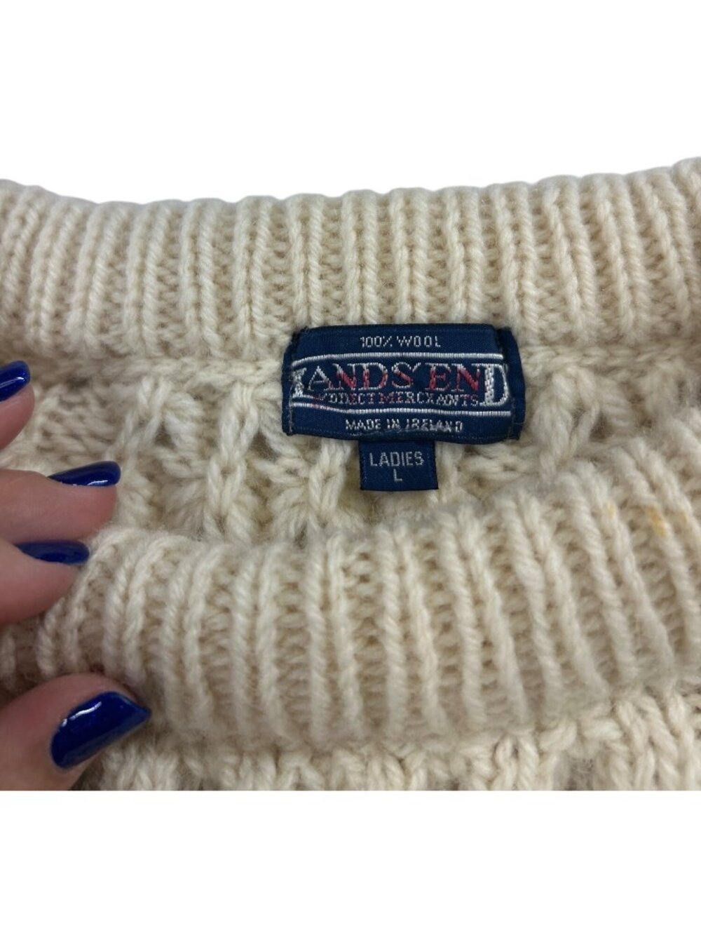 Vtg Lands’ End Irish Aran Cable Knit Fisherman Sweater Women’s L 100% Wool Cream - Picture 4 of 11